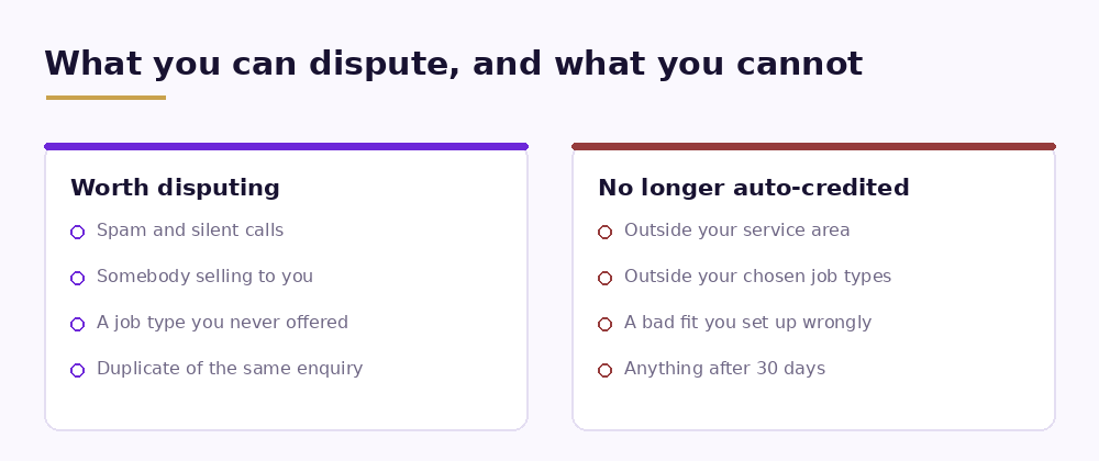 Two panels: leads worth disputing, and leads no longer credited automatically.