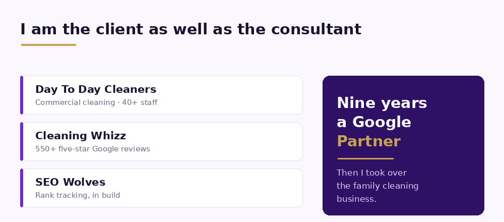 The companies behind SEO Wolves: Day To Day Cleaners, Cleaning Whizz and SEO Wolves, and nine years as a Google Partner.